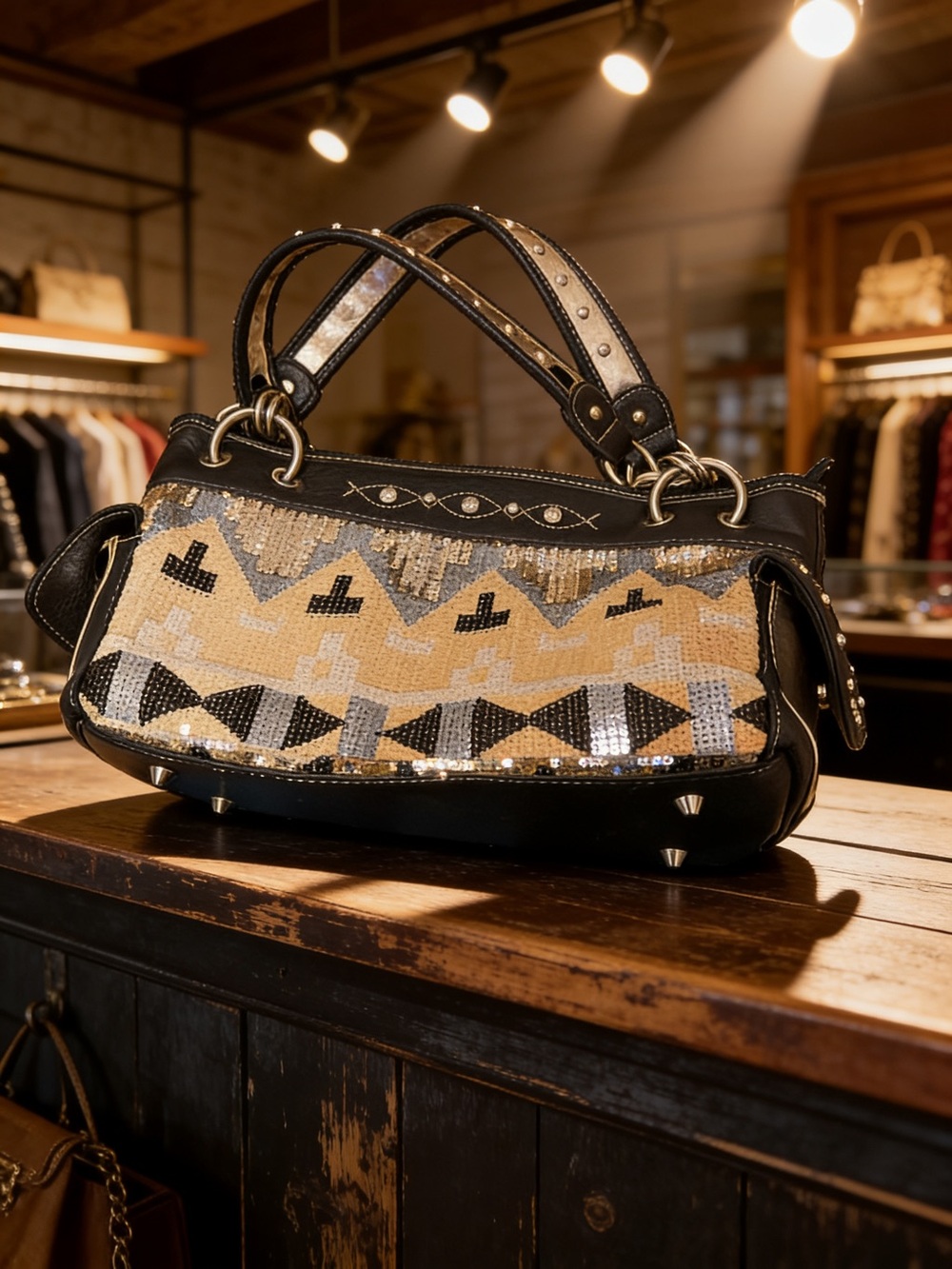 Embellished Black and Gold Sequin Shoulder Bag